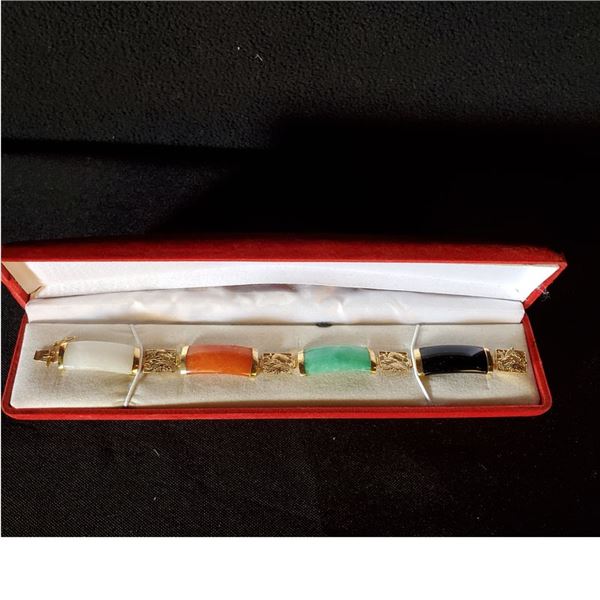 14k bracelet with Black, Green, Orange and White Jade (gently used)