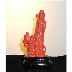 Vintage Kwan Yin w Child Carving Coral Statue  #1779398