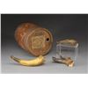 Image 1 : EARLY ORIENTAL MILLS POWDER KEG & 3 POWDER HORNS.