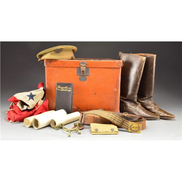 BOX OF MILITARY BELTS, FLAGS & MORE.