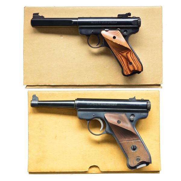 2 RUGER BLUED 22 LR SEMI-AUTO PISTOLS.