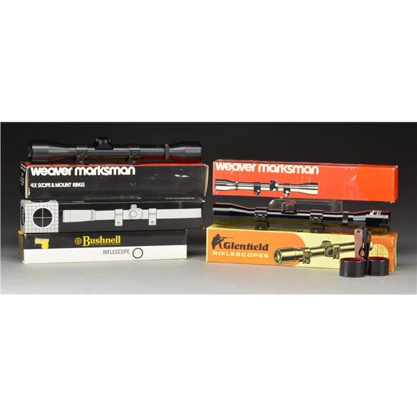 5 ASSORTED RIFLE SCOPES.