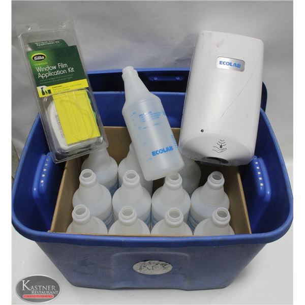 TOTE W/ CASE OF NEW ECOLAB BOTTLES (NO NOZZLE),