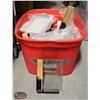 Image 1 : RED TOTE FULL OF 6" X 8" TABLETOP PROMO STANDS