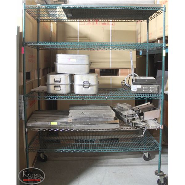 5' GREEN WIRE STORAGE RACK ON HD CASTORS - 4 TIER