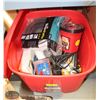 Image 1 : RED TOTE OF MISCELLANEOUS HAND TOOLS, HARDWARE,