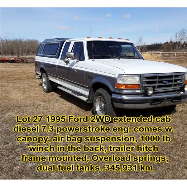 1995 Ford 2WD extended cab diesel 7.3 powerstroke eng. Comes w. canopy, air bag suspension, 1000lb w