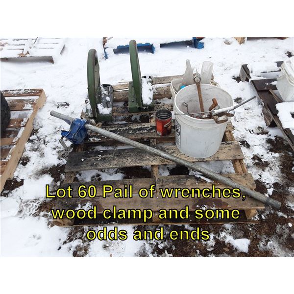 Pail of wrenches, wood clamp, and some odds and ends