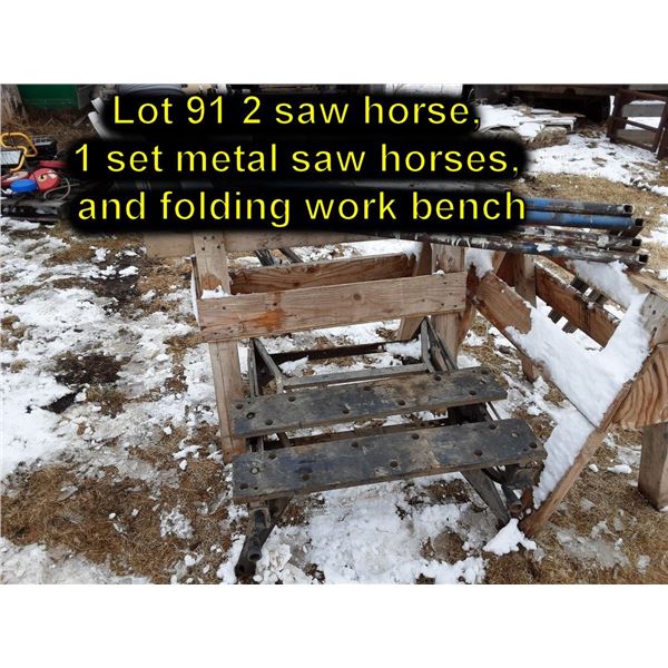 2 saw horses, 1 set of metal saw horses, and folding work bench
