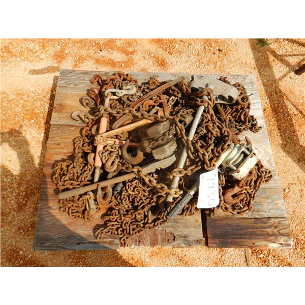 (1) PALLET MISC CHAIN, CHAIN BINDER, COME ALONG (B9)