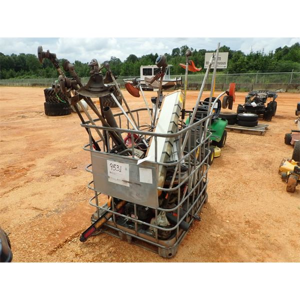 CRATE OF TRIMMERS, BLOWERS, CHAINSAWS & 2 LIGHT BARS 