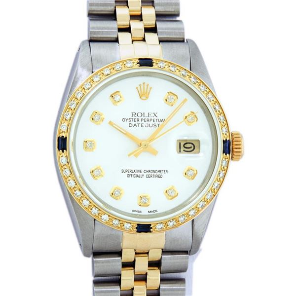 Rolex Mens 2 Tone White Diamond & Sapphire Datejust Wristwatch