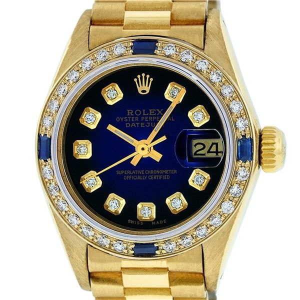 Rolex Ladies 18K Yellow Gold Sapphire Blue Vignette Diamond President 26mm Wrist