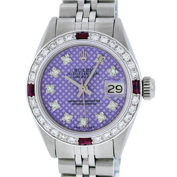 Rolex Ladies Stainless Steel Purple Stamp Diamond & Ruby Datejust Wristwatch