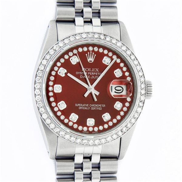 Rolex Mens Stainless Steel Red String Diamond 36MM Datejust Wristwatch Serviced