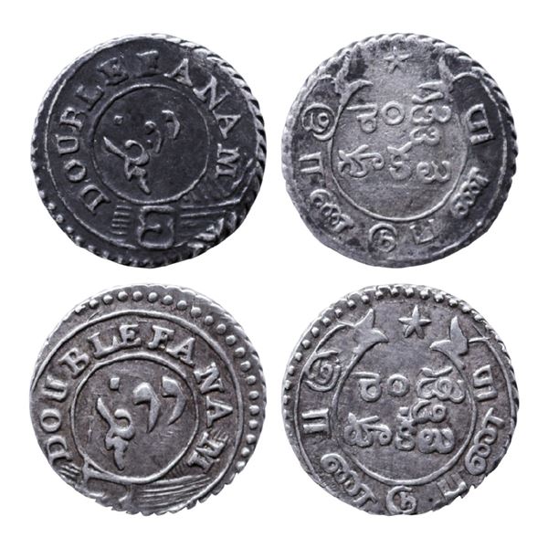 East India Company: Silver Double Fanam (2), 2nd issue, 1808, 1.67g & 1.72g