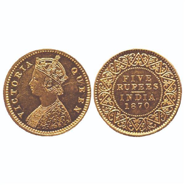 British India: Victoria Queen, Gold 5 rupees, proof re-strike, 1870, Calcutta mint, 3.89g