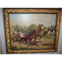 Oil on canvas carriage and horse, signed, #1742957