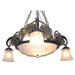 French Art Nouveau Iron & Glass Chandelier #1751171