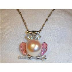 18K WG Aquamarine Tourmaline Pearl Owl Brooch #1775465