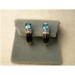 Estate 14K YG Blue Topaz Diamond Onyx Earrings #1775495