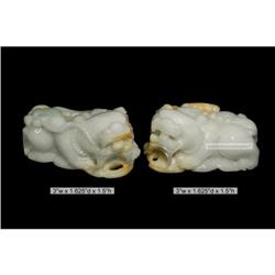 Pair of White, Yellow & Green Jade Foo Dog #1776051