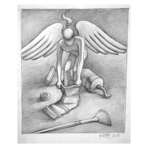 Mark Kostabi "Divine Intervention" Hand Signed Original Artwork with COA.
