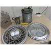 Image 2 : Metal 1st Aid Kit, 2 Wire Baskets Organizers, Metal Gas Can & Hubcaps