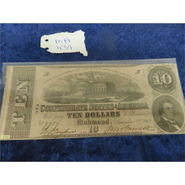 US Confederate $10 Bank Note Richmond Virginia #1962 #C375 UNC