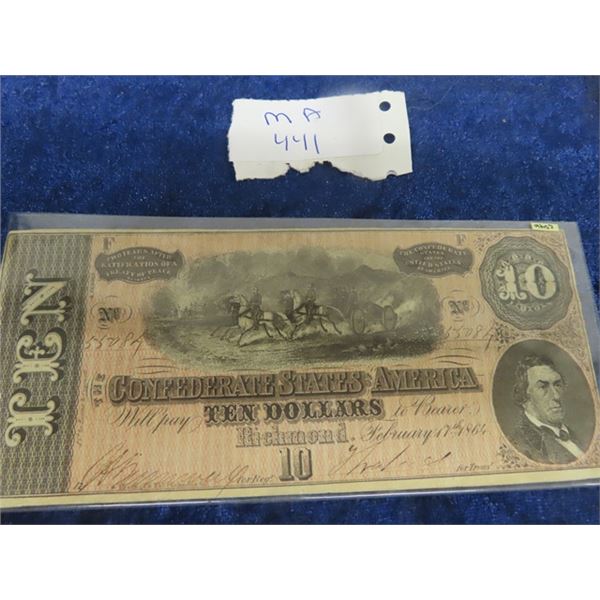 US Confederate $10 Bank Note Richmond Virginia 1864 #C346 UNC