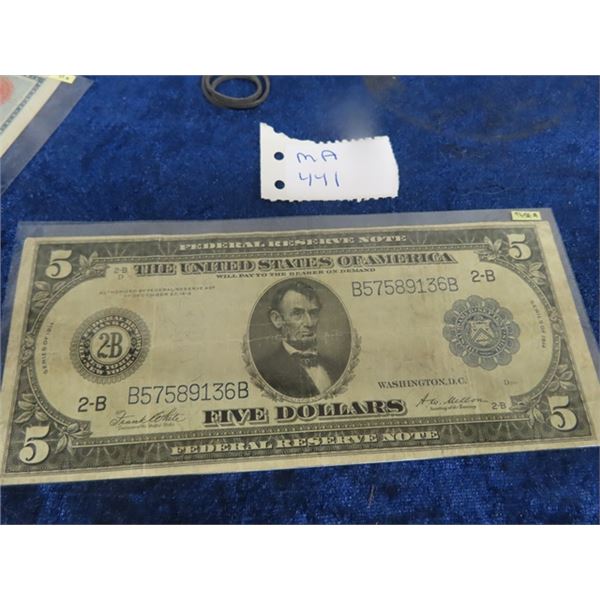 US 1913 $5.00 Bank Note #359B CAT $$ Fine Cond