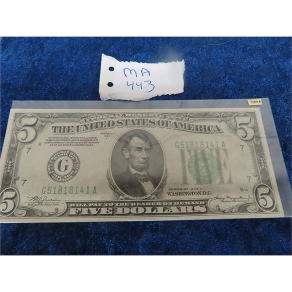 US 1934 A $5 Bank Note Lincoln $429L Mint Cond