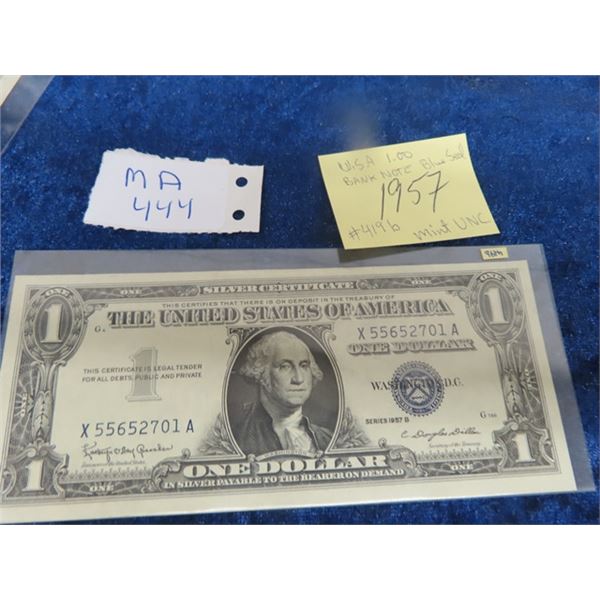 US 1957 $1 Bank Note Washington #419b Blue Seal Mint Cond