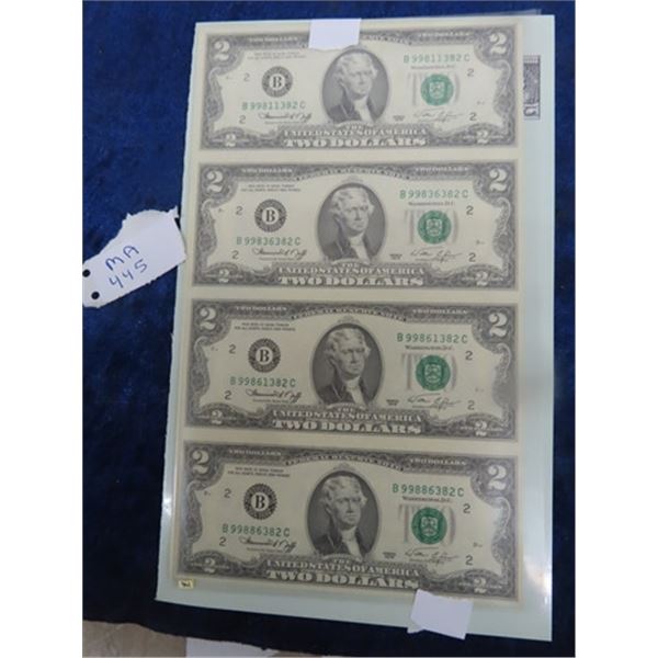 US 1976 $2 Un-Cut Sheet of 4 Bi-Centennial YR Mind Cond