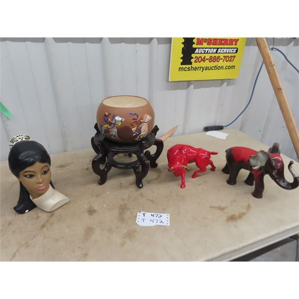 Ornaments, Elephants, Girl Head & Bull, & Pot w Stand