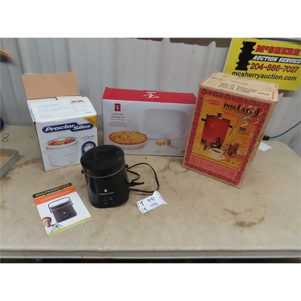 New Proctor Silex Slow Cooker, New Old Stock 32 Cup Coffee Maker, New Stoneware Baking Set, & Wolfga