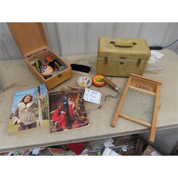 Samsonite Carry On, Boot Polish, 1975 Eaton's Catalogue, Washboard, & Bale Hook