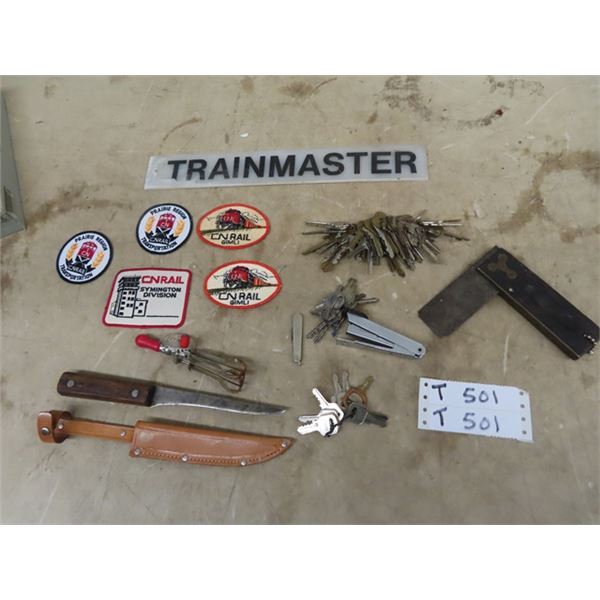 Railway Badges, Keys, Skinning Knife, & Square