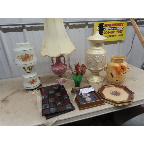 2 Lamps, 4 Ceramic Tiles, Petite Point Picture , & Urn