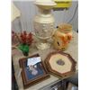 Image 2 : 2 Lamps, 4 Ceramic Tiles, Petite Point Picture , & Urn