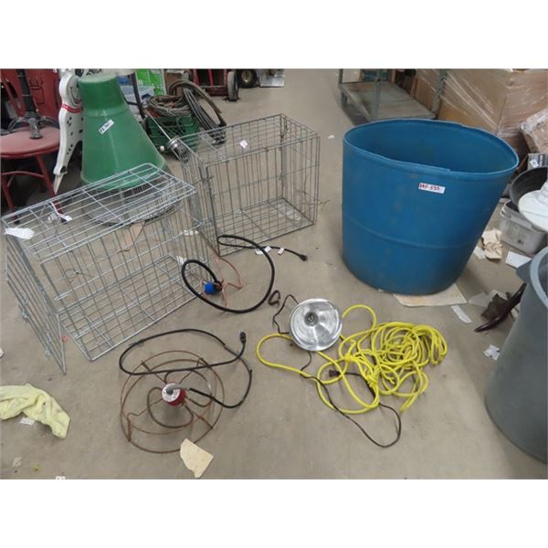 2 Kennels 20" x 24" x 14" & Poly Water Bin/Barrel - Approx 20 Gal, & Water Heaters