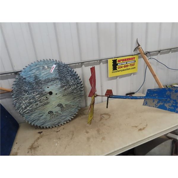 Saw Manrel Blade w Art 28" Rd Metal Windmill Fan -24" & Tail Gate- 40" L