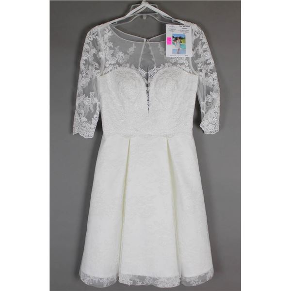 WHITE VENUS LACE KNEE LENGTH DESIGNER BRIDAL GOWN;