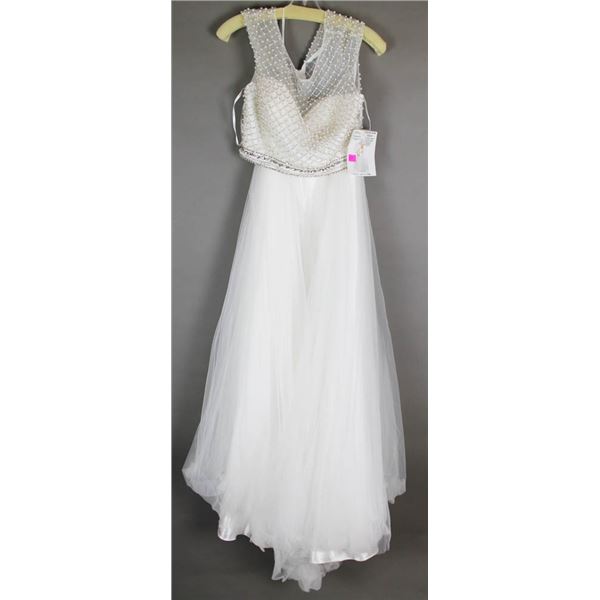 WHITE 2PC ALYCE DESIGNER GRAD GOWN W/ BEADED TOP;
