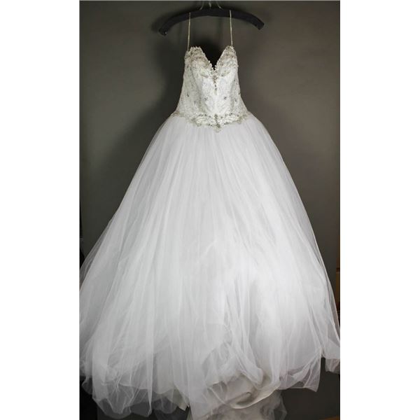 WHITE BEVERLY STRAPLESS BRIDAL GOWN; SIZE 10,
