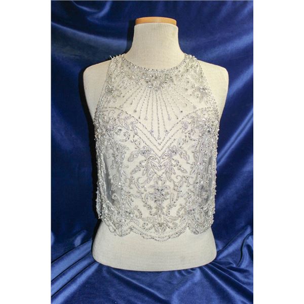 BEADED DRESS OVERLAY TOP, SLEEVELESS, WITH BUTTON
