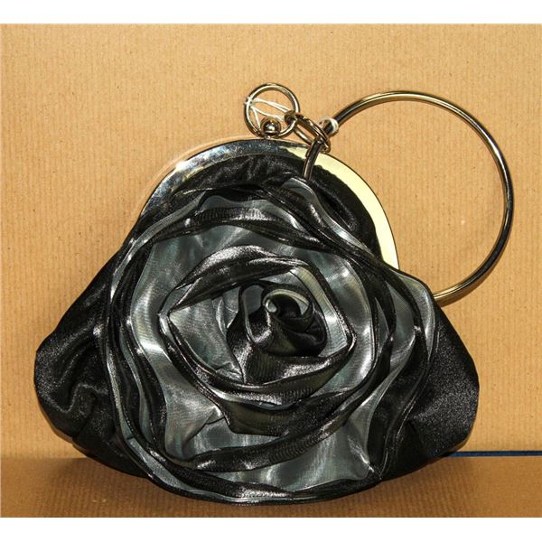 BLACK ROSETTE FORMAL WRIST PURSE