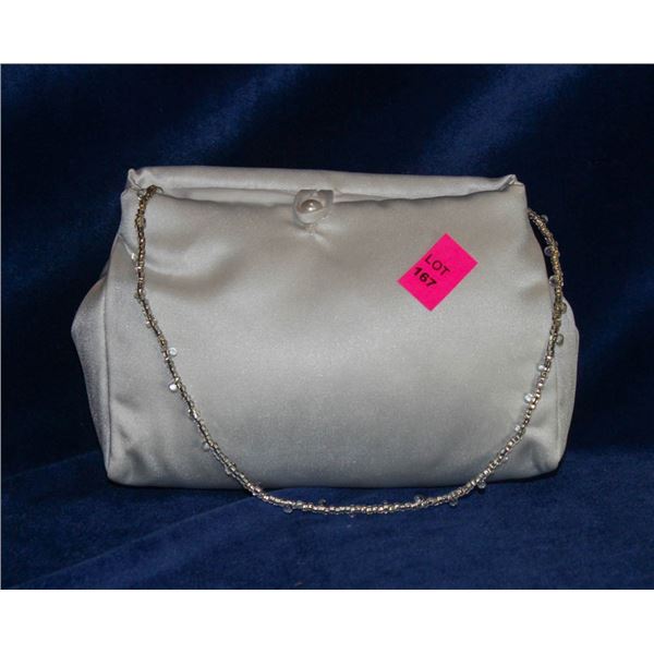 WHITE SATIN FORMAL HAND BAG WITH BEADED STRAP