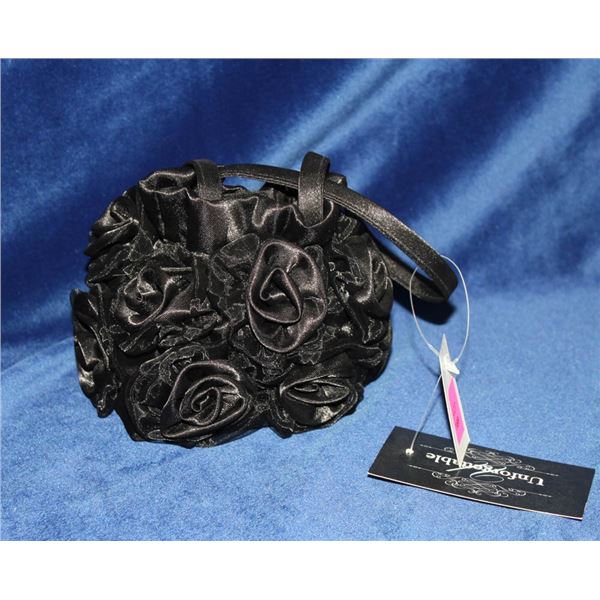 JOLENE MINI BLACK FORMAL ROSETTE STYLE HAND BAG