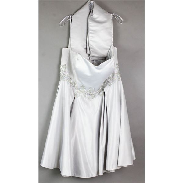 STEEL GREY JOLENE FORMAL DESIGNER DRESS W/ WRAP;